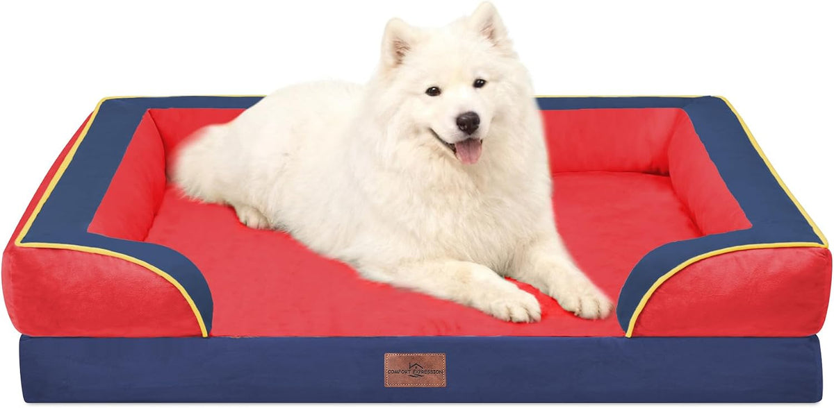 Waterproof Orthopedic Dog Bed for Extra Large Dogs | Supportive Egg Crate Foam XL Pet Bed with Removable Bolster, Dog Couch with Washable Cover & Non-Slip Bottom, 42x30 Inch - Colors B