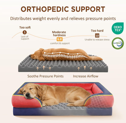 Waterproof Orthopedic Dog Bed for Extra Large Dogs | Supportive Egg Crate Foam XL Pet Bed with Removable Bolster, Dog Couch with Washable Cover & Non-Slip Bottom, 42x30 Inch - Colors B