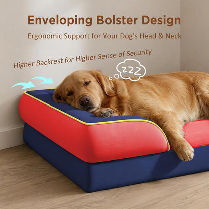 Waterproof Orthopedic Dog Bed for Extra Large Dogs | Supportive Egg Crate Foam XL Pet Bed with Removable Bolster, Dog Couch with Washable Cover & Non-Slip Bottom, 42x30 Inch - Colors B