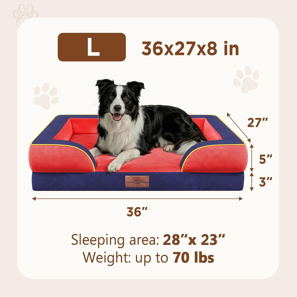 Waterproof Orthopedic Dog Bed for Extra Large Dogs | Supportive Egg Crate Foam XL Pet Bed with Removable Bolster, Dog Couch with Washable Cover & Non-Slip Bottom, 42x30 Inch - Colors B