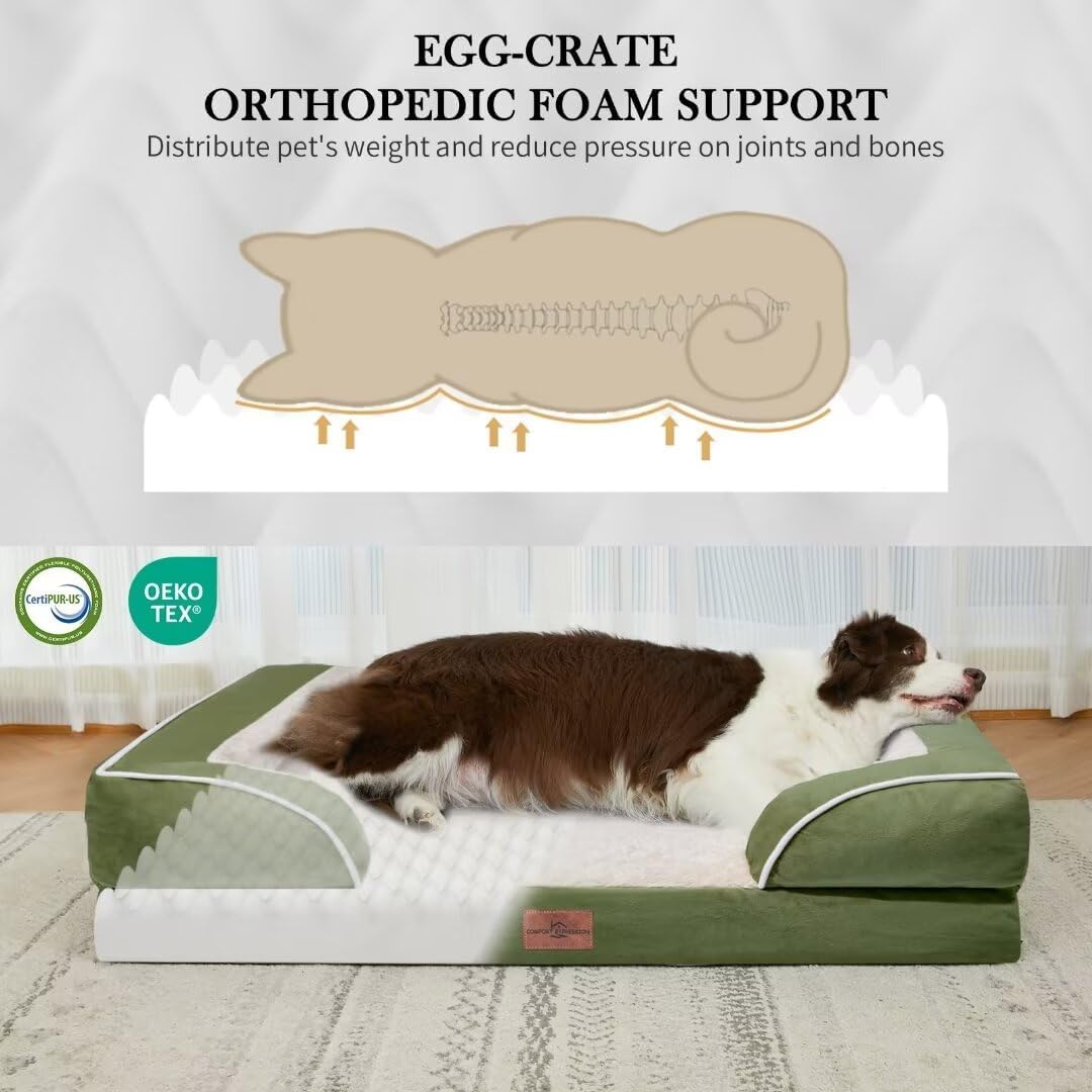 Waterproof Orthopedic Dog Bed for Extra Large Dogs | Supportive Egg Crate Foam XL Pet Bed with Removable Bolster, Dog Couch with Washable Cover & Non-Slip Bottom, 42x30 Inch - Colors B