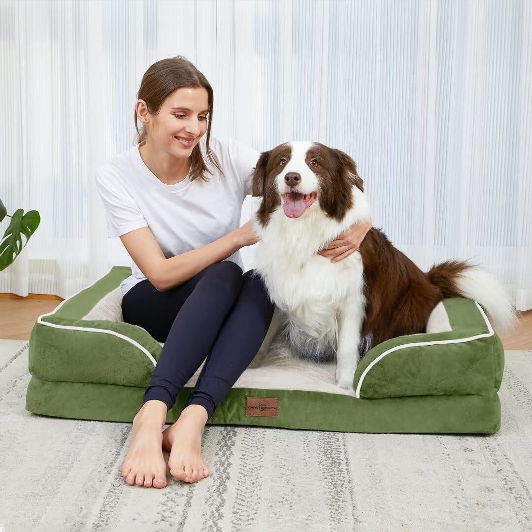 Waterproof Orthopedic Dog Bed for Extra Large Dogs | Supportive Egg Crate Foam XL Pet Bed with Removable Bolster, Dog Couch with Washable Cover & Non-Slip Bottom, 42x30 Inch - Colors B