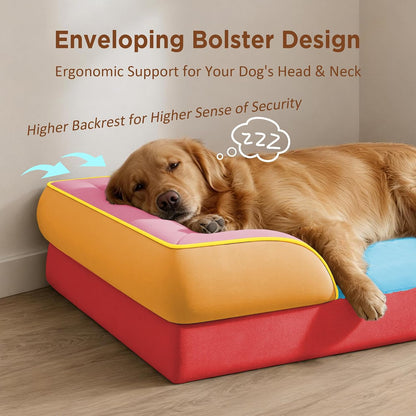Waterproof Orthopedic Dog Bed for Extra Large Dogs | Supportive Egg Crate Foam XL Pet Bed with Removable Bolster, Dog Couch with Washable Cover & Non-Slip Bottom, 42x30 Inch - Colors B