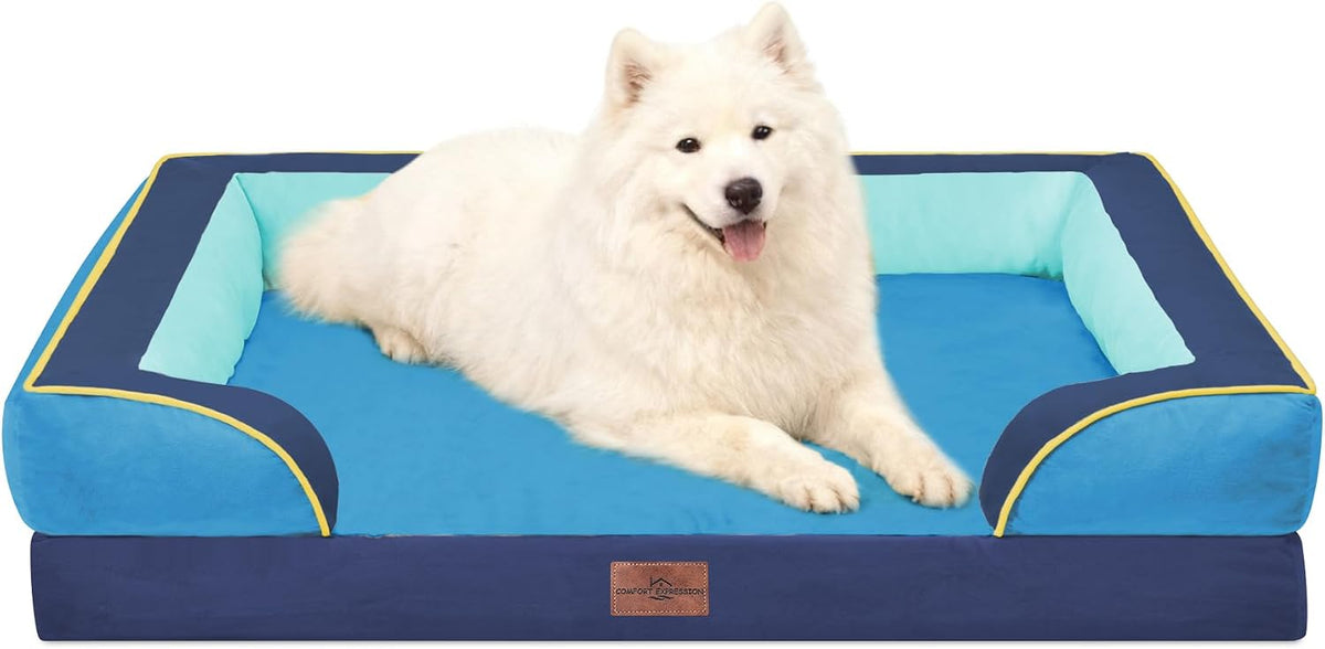 Waterproof Orthopedic Dog Bed for Extra Large Dogs | Supportive Egg Crate Foam XL Pet Bed with Removable Bolster, Dog Couch with Washable Cover & Non-Slip Bottom, 42x30 Inch - Colors B