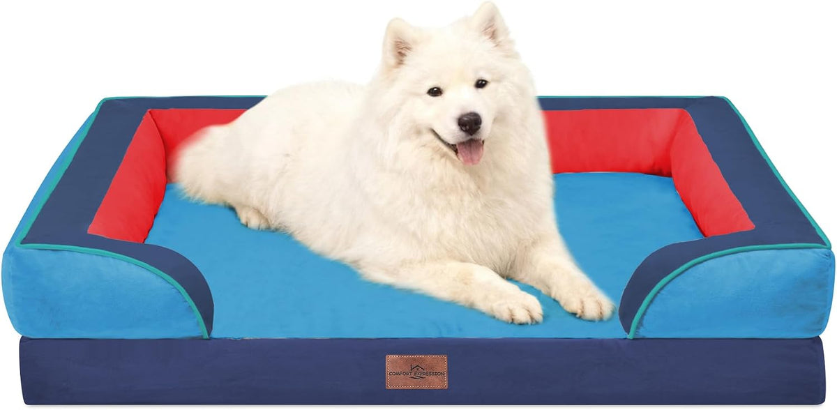 Waterproof Orthopedic Dog Bed for Extra Large Dogs | Supportive Egg Crate Foam XL Pet Bed with Removable Bolster, Dog Couch with Washable Cover & Non-Slip Bottom, 42x30 Inch - Colors B