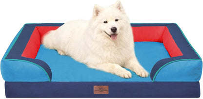 Waterproof Orthopedic Dog Bed for Extra Large Dogs | Supportive Egg Crate Foam XL Pet Bed with Removable Bolster, Dog Couch with Washable Cover & Non-Slip Bottom, 42x30 Inch - Colors B