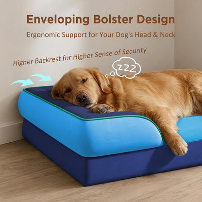 Waterproof Orthopedic Dog Bed for Extra Large Dogs | Supportive Egg Crate Foam XL Pet Bed with Removable Bolster, Dog Couch with Washable Cover & Non-Slip Bottom, 42x30 Inch - Colors B