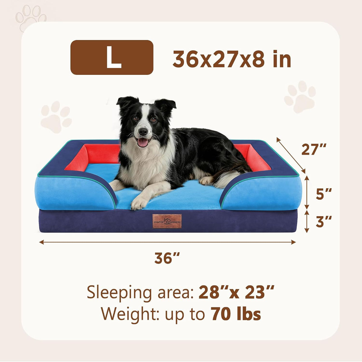 Waterproof Orthopedic Dog Bed for Extra Large Dogs | Supportive Egg Crate Foam XL Pet Bed with Removable Bolster, Dog Couch with Washable Cover & Non-Slip Bottom, 42x30 Inch - Colors B