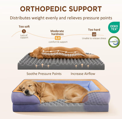 Waterproof Orthopedic Dog Bed for Extra Large Dogs | Supportive Egg Crate Foam XL Pet Bed with Removable Bolster, Dog Couch with Washable Cover & Non-Slip Bottom, 42x30 Inch - Colors B