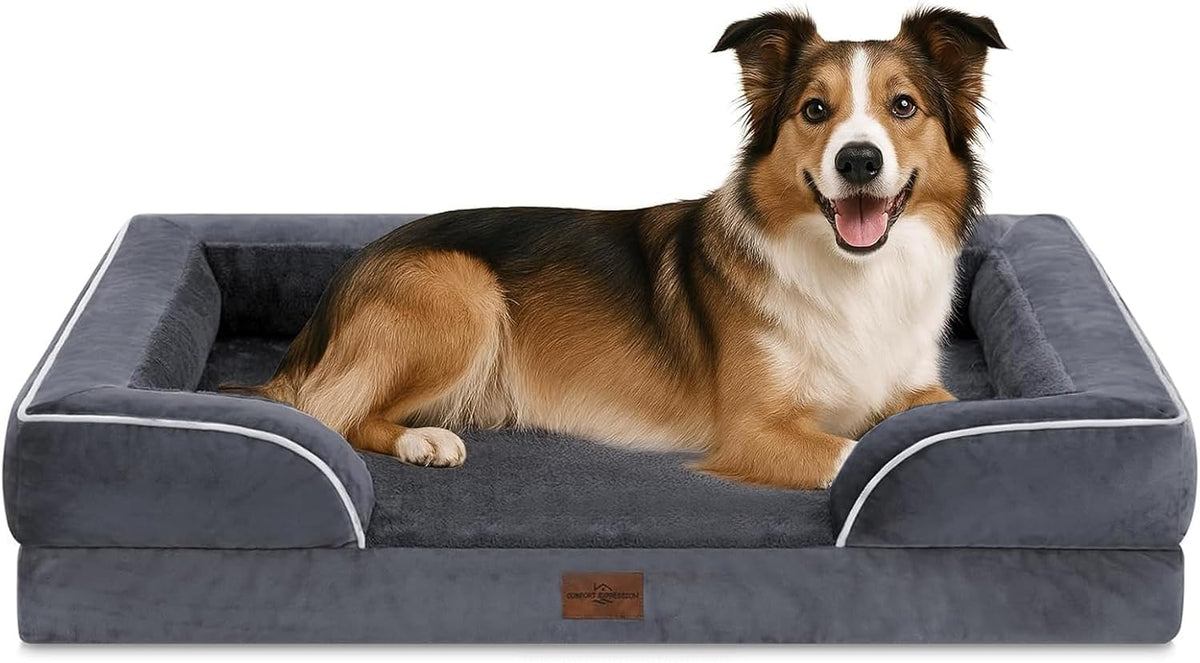 Waterproof Orthopedic Dog Bed for Extra Large Dogs | Supportive Egg Crate Foam XL Pet Bed with Removable Bolster, Dog Couch with Washable Cover & Non-Slip Bottom, 42x30 Inch - Colors B