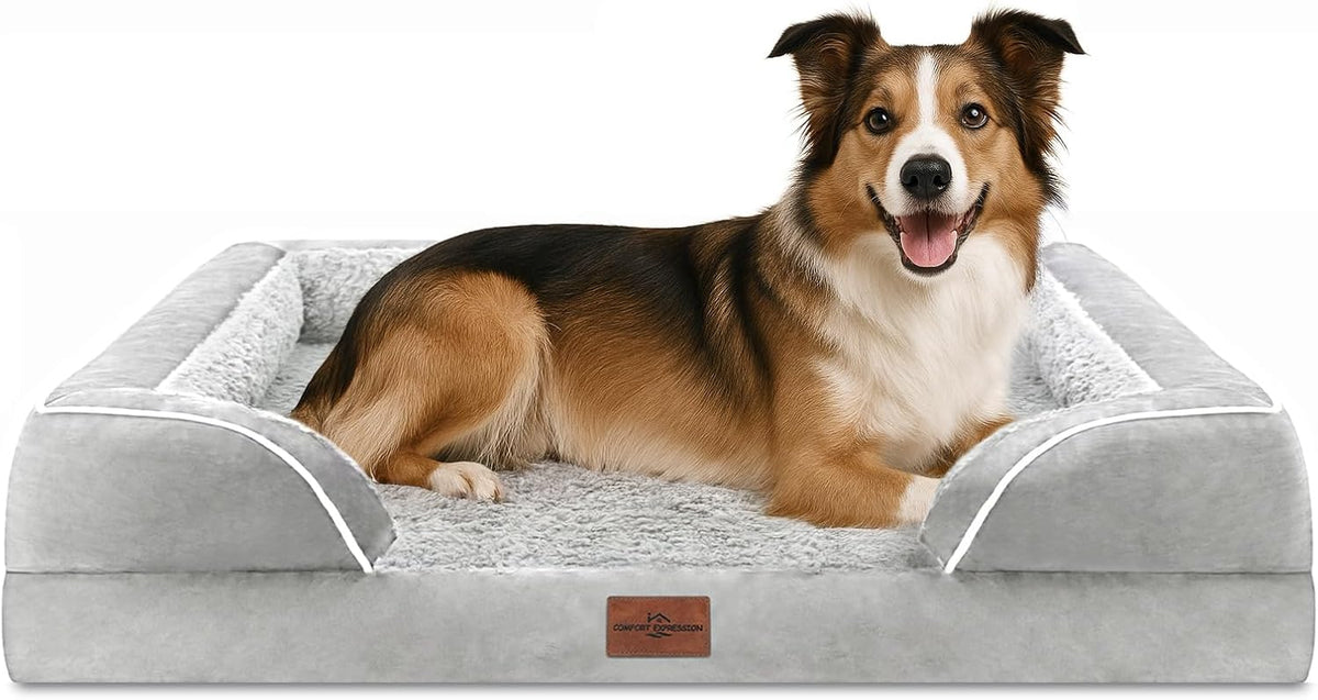 Waterproof Orthopedic Dog Bed for Extra Large Dogs | Supportive Egg Crate Foam XL Pet Bed with Removable Bolster, Dog Couch with Washable Cover & Non-Slip Bottom, 42x30 Inch - Colors B