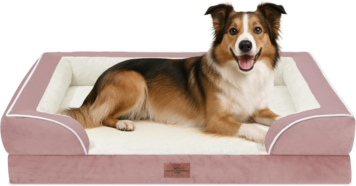 Waterproof Orthopedic Dog Bed for Extra Large Dogs | Supportive Egg Crate Foam XL Pet Bed with Removable Bolster, Dog Couch with Washable Cover & Non-Slip Bottom, 42x30 Inch - Colors B