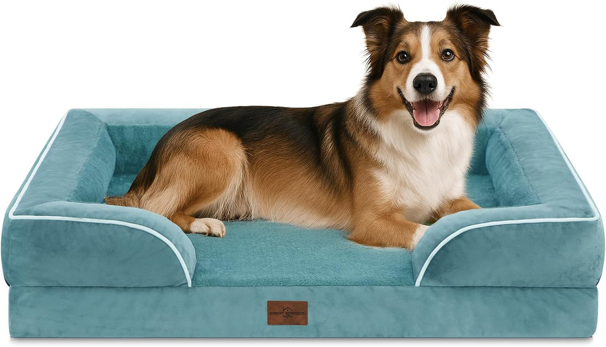 Waterproof Orthopedic Dog Bed for Extra Large Dogs | Supportive Egg Crate Foam XL Pet Bed with Removable Bolster, Dog Couch with Washable Cover & Non-Slip Bottom, 42x30 Inch - Colors B