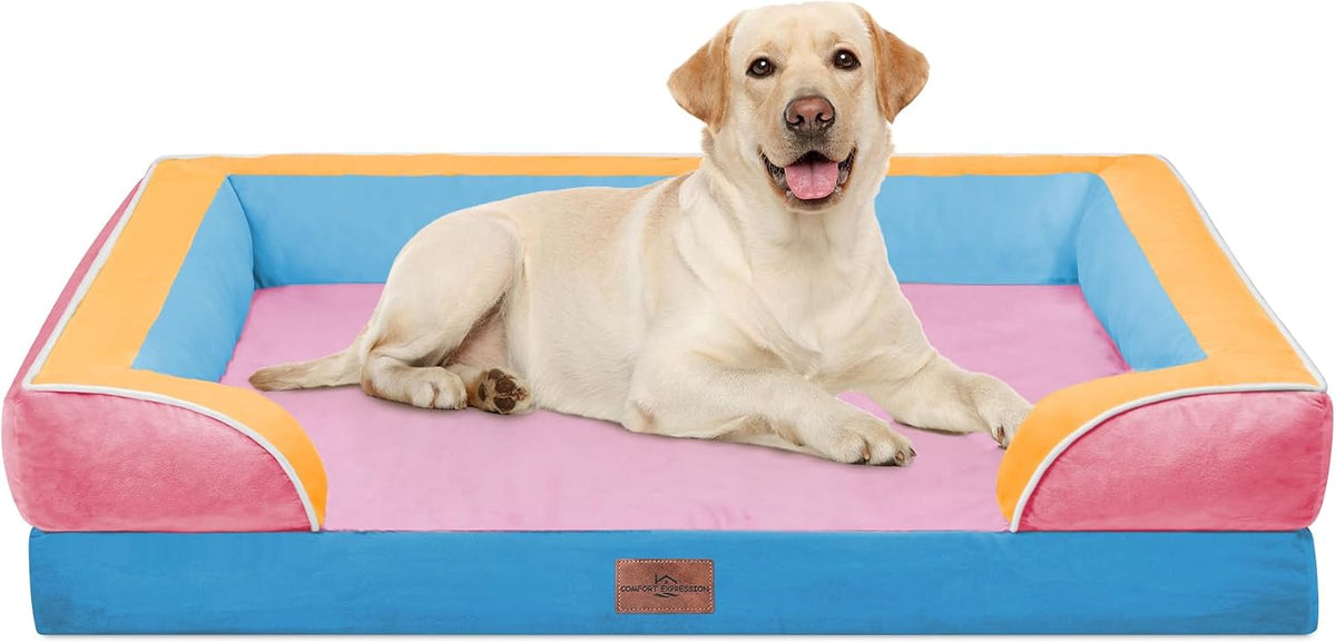 Waterproof Orthopedic Dog Bed for Extra Large Dogs | Supportive Egg Crate Foam XL Pet Bed with Removable Bolster, Dog Couch with Washable Cover & Non-Slip Bottom, 42x30 Inch - Colors B