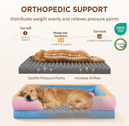 Waterproof Orthopedic Dog Bed for Extra Large Dogs | Supportive Egg Crate Foam XL Pet Bed with Removable Bolster, Dog Couch with Washable Cover & Non-Slip Bottom, 42x30 Inch - Colors B