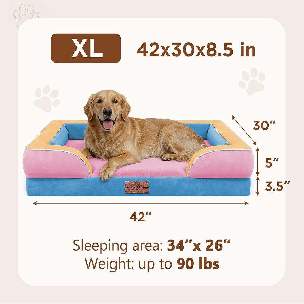 Waterproof Orthopedic Dog Bed for Extra Large Dogs | Supportive Egg Crate Foam XL Pet Bed with Removable Bolster, Dog Couch with Washable Cover & Non-Slip Bottom, 42x30 Inch - Colors B