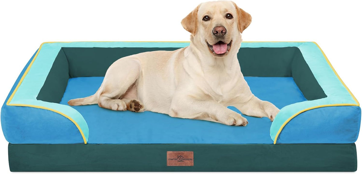 Waterproof Orthopedic Dog Bed for Extra Large Dogs | Supportive Egg Crate Foam XL Pet Bed with Removable Bolster, Dog Couch with Washable Cover & Non-Slip Bottom, 42x30 Inch - Colors B