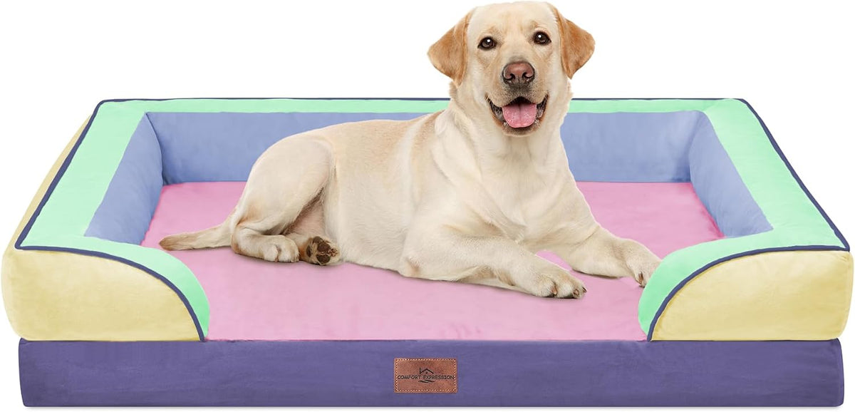 Waterproof Orthopedic Dog Bed for Extra Large Dogs | Supportive Egg Crate Foam XL Pet Bed with Removable Bolster, Dog Couch with Washable Cover & Non-Slip Bottom, 42x30 Inch - Colors B