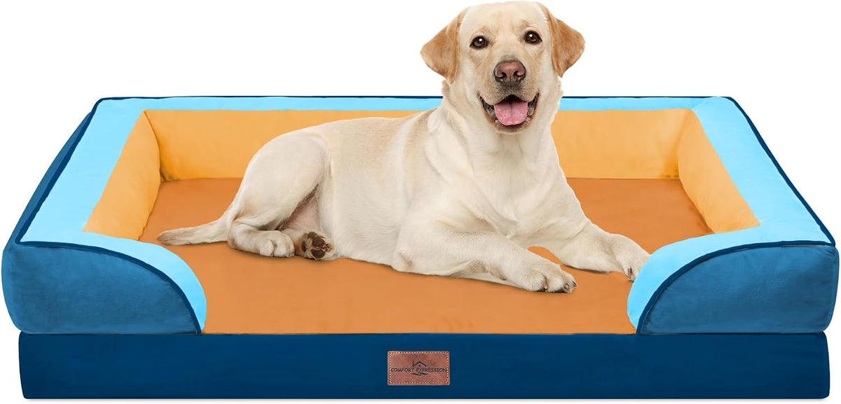 Waterproof Orthopedic Dog Bed for Extra Large Dogs | Supportive Egg Crate Foam XL Pet Bed with Removable Bolster, Dog Couch with Washable Cover & Non-Slip Bottom, 42x30 Inch - Colors B