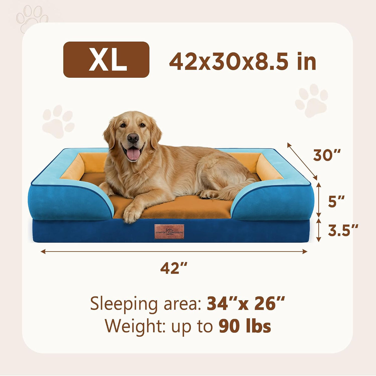 Waterproof Orthopedic Dog Bed for Extra Large Dogs | Supportive Egg Crate Foam XL Pet Bed with Removable Bolster, Dog Couch with Washable Cover & Non-Slip Bottom, 42x30 Inch - Colors B
