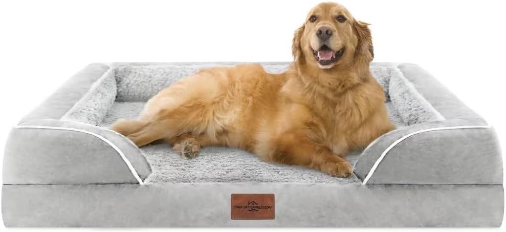 Waterproof Orthopedic Dog Bed for Extra Large Dogs | Supportive Egg Crate Foam XL Pet Bed with Removable Bolster, Dog Couch with Washable Cover & Non-Slip Bottom, 42x30 Inch - Colors B