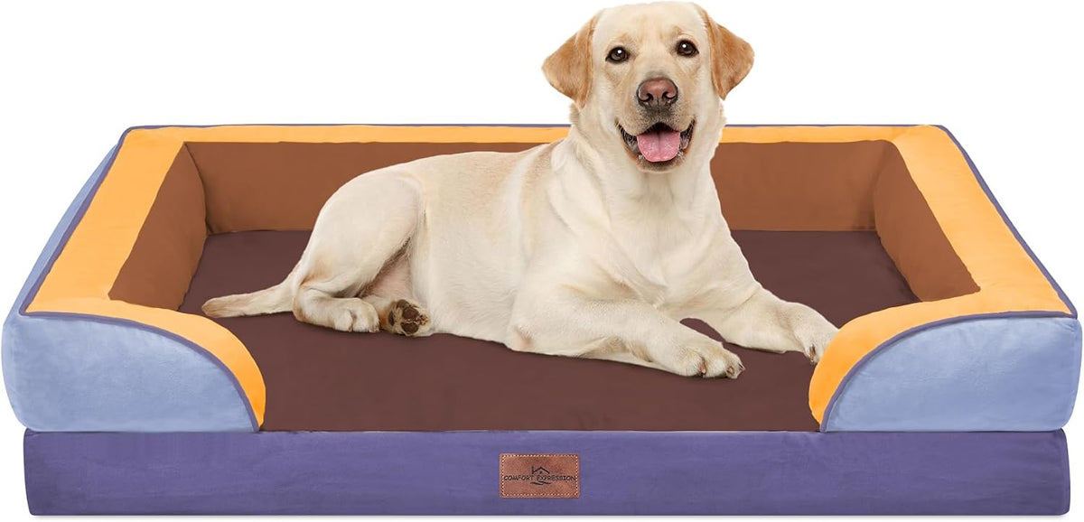 Waterproof Orthopedic Dog Bed for Extra Large Dogs | Supportive Egg Crate Foam XL Pet Bed with Removable Bolster, Dog Couch with Washable Cover & Non-Slip Bottom, 42x30 Inch - Colors B