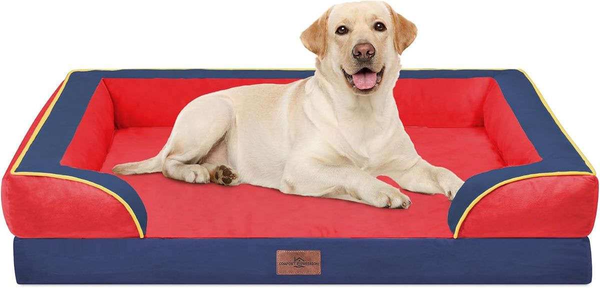 Waterproof Orthopedic Dog Bed for Extra Large Dogs | Supportive Egg Crate Foam XL Pet Bed with Removable Bolster, Dog Couch with Washable Cover & Non-Slip Bottom, 42x30 Inch - Colors B