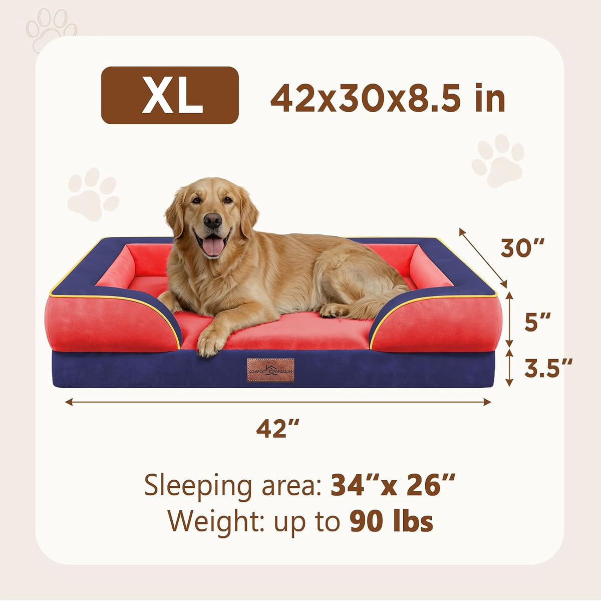 Waterproof Orthopedic Dog Bed for Extra Large Dogs | Supportive Egg Crate Foam XL Pet Bed with Removable Bolster, Dog Couch with Washable Cover & Non-Slip Bottom, 42x30 Inch - Colors B