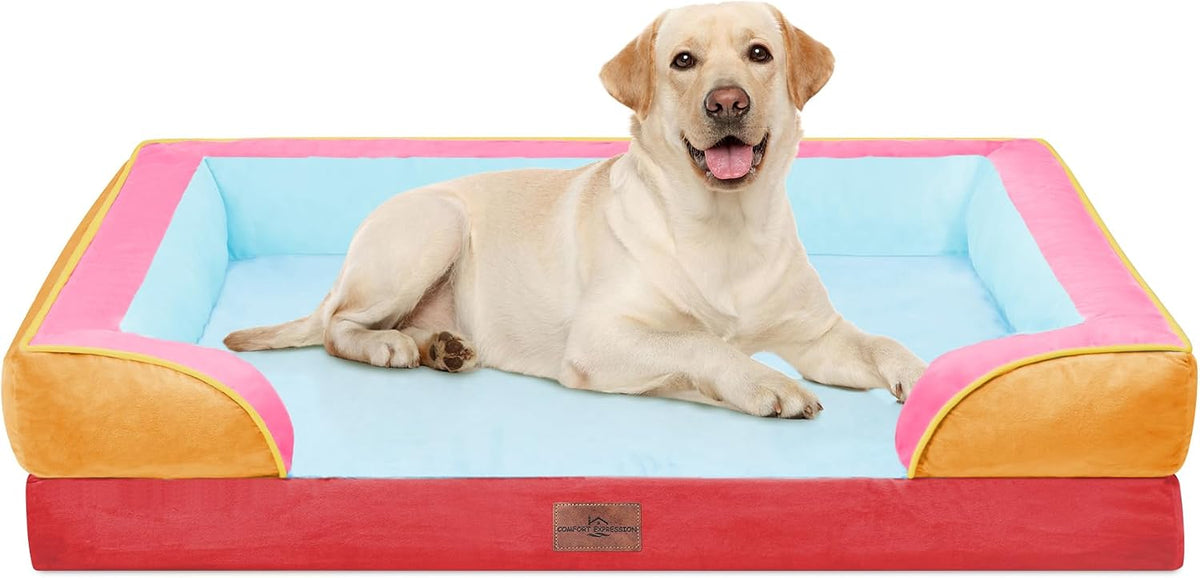 Waterproof Orthopedic Dog Bed for Extra Large Dogs | Supportive Egg Crate Foam XL Pet Bed with Removable Bolster, Dog Couch with Washable Cover & Non-Slip Bottom, 42x30 Inch - Colors B