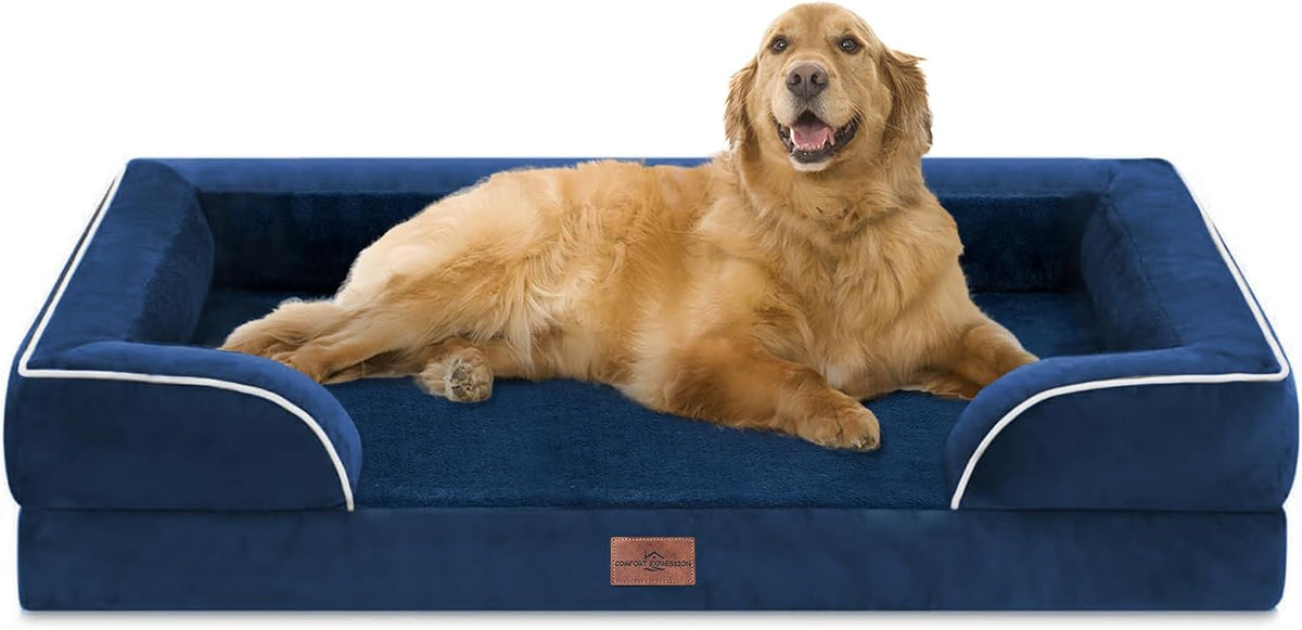 Waterproof Orthopedic Dog Bed for Extra Large Dogs | Supportive Egg Crate Foam XL Pet Bed with Removable Bolster, Dog Couch with Washable Cover & Non-Slip Bottom, 42x30 Inch - Colors B