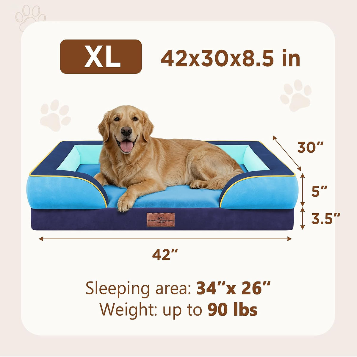 Waterproof Orthopedic Dog Bed for Extra Large Dogs | Supportive Egg Crate Foam XL Pet Bed with Removable Bolster, Dog Couch with Washable Cover & Non-Slip Bottom, 42x30 Inch - Colors B