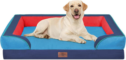Waterproof Orthopedic Dog Bed for Extra Large Dogs | Supportive Egg Crate Foam XL Pet Bed with Removable Bolster, Dog Couch with Washable Cover & Non-Slip Bottom, 42x30 Inch - Colors B