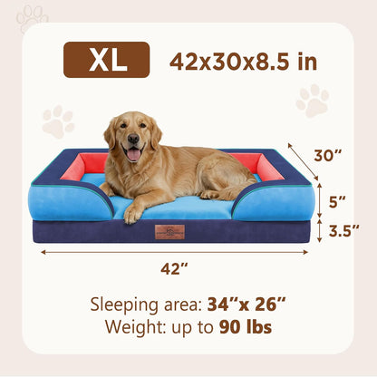 Waterproof Orthopedic Dog Bed for Extra Large Dogs | Supportive Egg Crate Foam XL Pet Bed with Removable Bolster, Dog Couch with Washable Cover & Non-Slip Bottom, 42x30 Inch - Colors B
