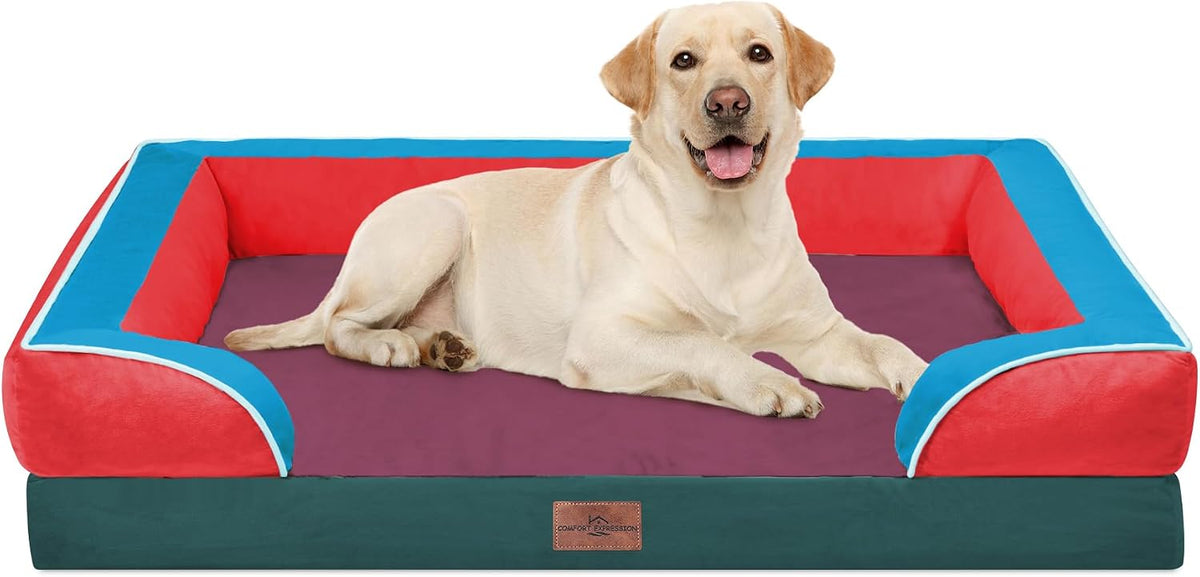 Waterproof Orthopedic Dog Bed for Extra Large Dogs | Supportive Egg Crate Foam XL Pet Bed with Removable Bolster, Dog Couch with Washable Cover & Non-Slip Bottom, 42x30 Inch - Colors B