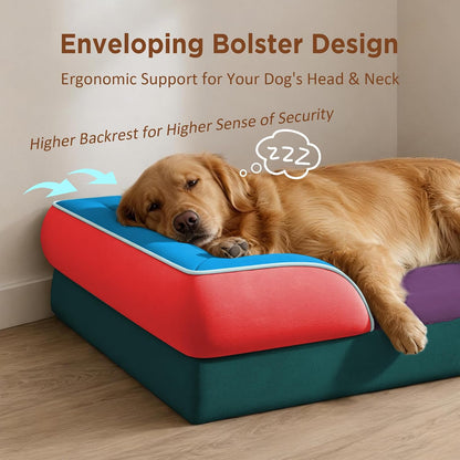 Waterproof Orthopedic Dog Bed for Extra Large Dogs | Supportive Egg Crate Foam XL Pet Bed with Removable Bolster, Dog Couch with Washable Cover & Non-Slip Bottom, 42x30 Inch - Colors B