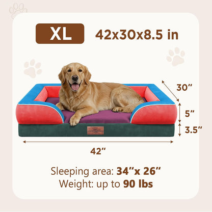 Waterproof Orthopedic Dog Bed for Extra Large Dogs | Supportive Egg Crate Foam XL Pet Bed with Removable Bolster, Dog Couch with Washable Cover & Non-Slip Bottom, 42x30 Inch - Colors B