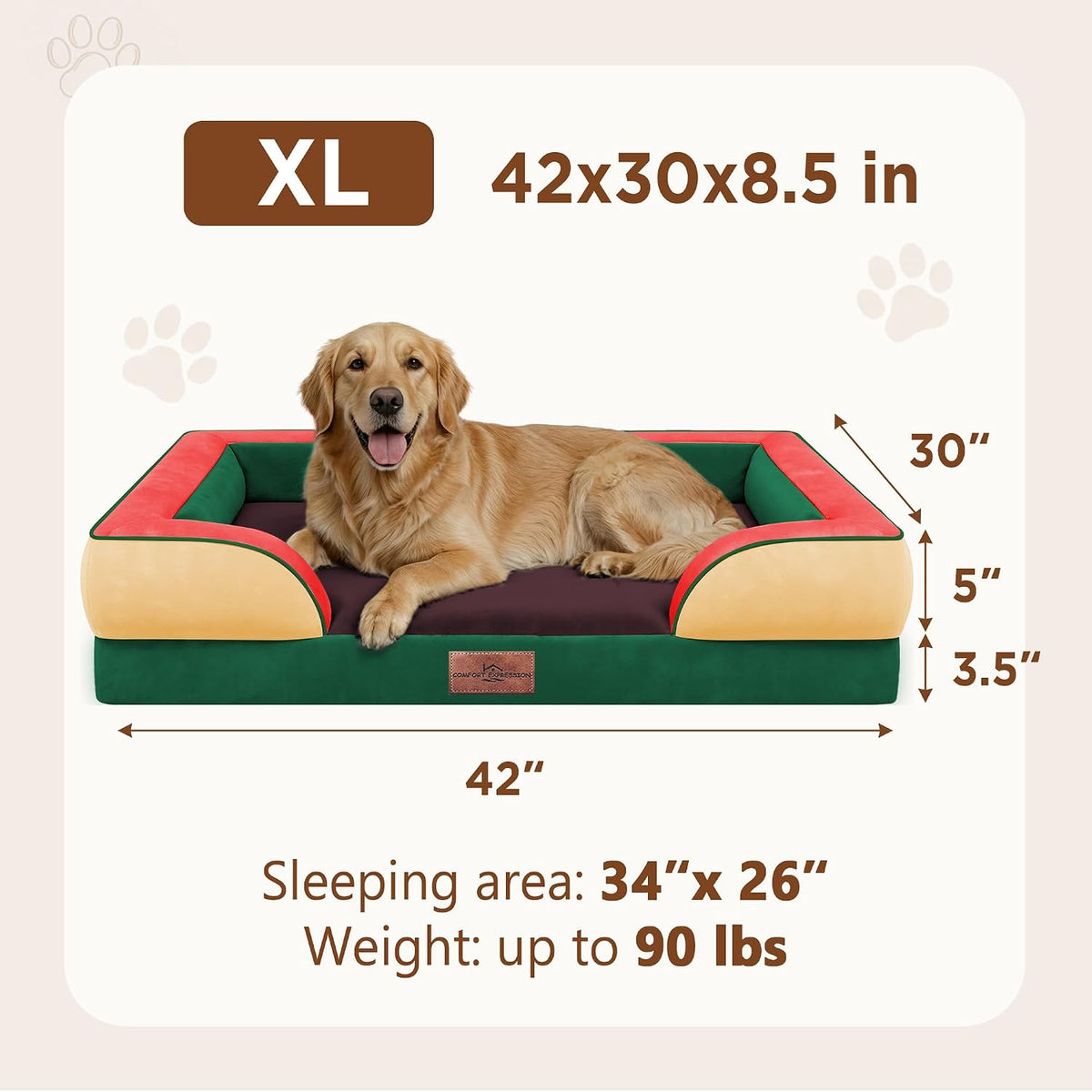 Waterproof Orthopedic Dog Bed for Extra Large Dogs | Supportive Egg Crate Foam XL Pet Bed with Removable Bolster, Dog Couch with Washable Cover & Non-Slip Bottom, 42x30 Inch - Colors B