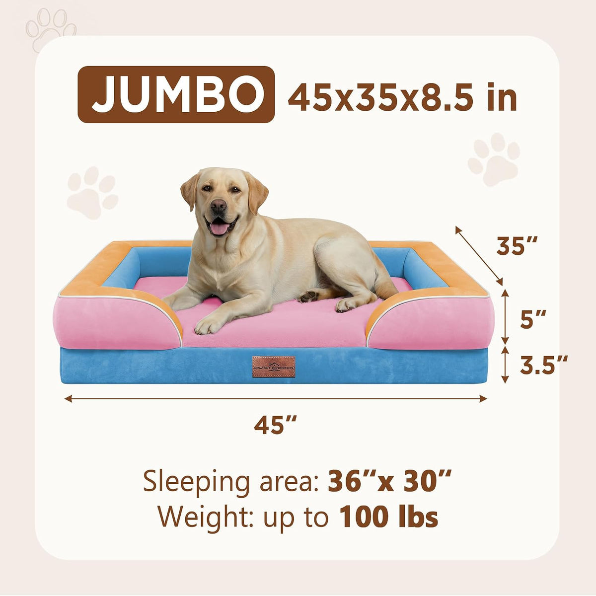 Waterproof Orthopedic Dog Bed for Extra Large Dogs | Supportive Egg Crate Foam XL Pet Bed with Removable Bolster, Dog Couch with Washable Cover & Non-Slip Bottom, 42x30 Inch - Colors B