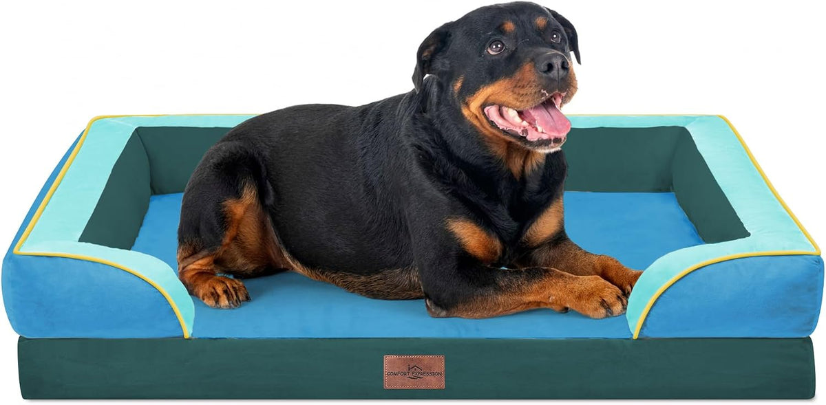 Waterproof Orthopedic Dog Bed for Extra Large Dogs | Supportive Egg Crate Foam XL Pet Bed with Removable Bolster, Dog Couch with Washable Cover & Non-Slip Bottom, 42x30 Inch - Colors B