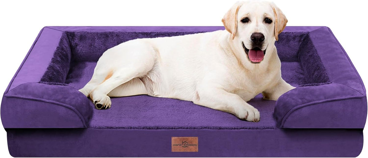 Waterproof Orthopedic Dog Bed for Extra Large Dogs | Supportive Egg Crate Foam XL Pet Bed with Removable Bolster, Dog Couch with Washable Cover & Non-Slip Bottom, 42x30 Inch - Colors B