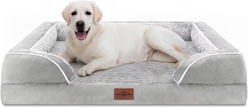 Waterproof Orthopedic Dog Bed for Extra Large Dogs | Supportive Egg Crate Foam XL Pet Bed with Removable Bolster, Dog Couch with Washable Cover & Non-Slip Bottom, 42x30 Inch - Colors B