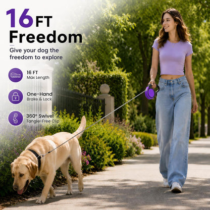 Heavy Duty Retractable Dog Leash-16ft Strong & Durable Walking Leash for S to L Dogs up to 45/115 lbs, Upgraded Lock System, Non Slip Grip, Tangle Free (Purple, Small/Medium)