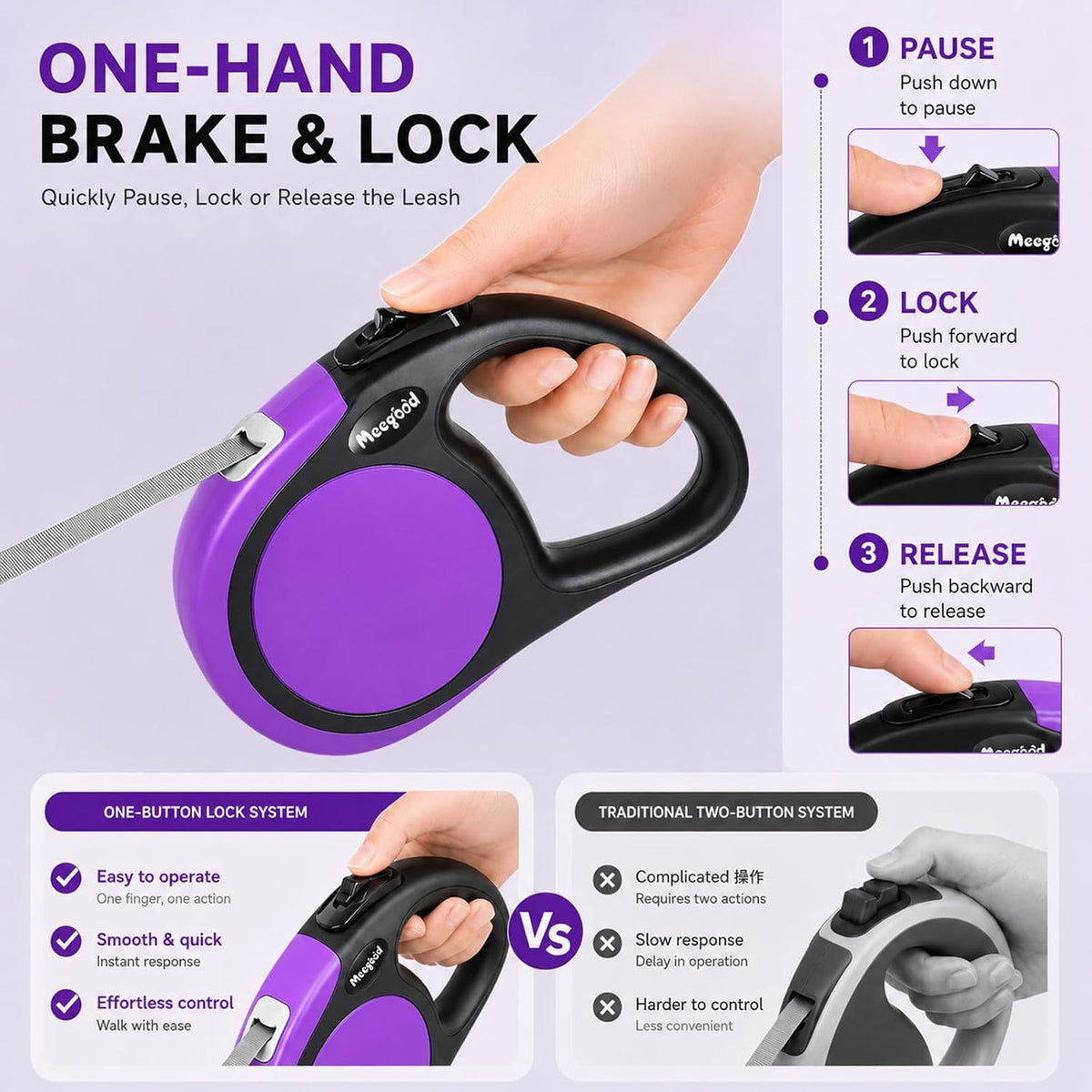 Heavy Duty Retractable Dog Leash-16ft Strong & Durable Walking Leash for S to L Dogs up to 45/115 lbs, Upgraded Lock System, Non Slip Grip, Tangle Free (Purple, Small/Medium)