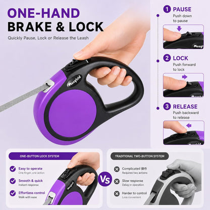 Heavy Duty Retractable Dog Leash-16ft Strong & Durable Walking Leash for S to L Dogs up to 45/115 lbs, Upgraded Lock System, Non Slip Grip, Tangle Free (Purple, Small/Medium)