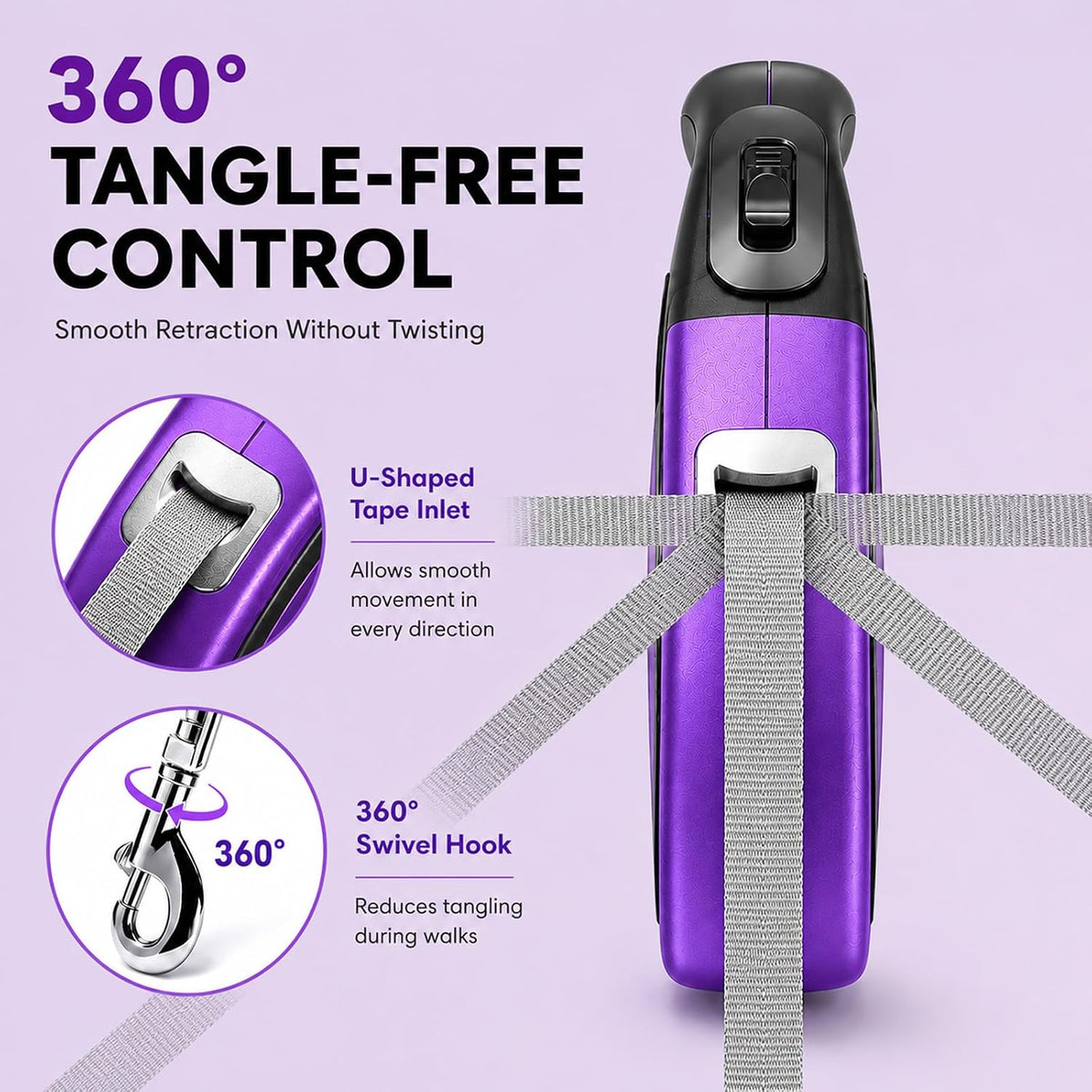 Heavy Duty Retractable Dog Leash-16ft Strong & Durable Walking Leash for S to L Dogs up to 45/115 lbs, Upgraded Lock System, Non Slip Grip, Tangle Free (Purple, Small/Medium)