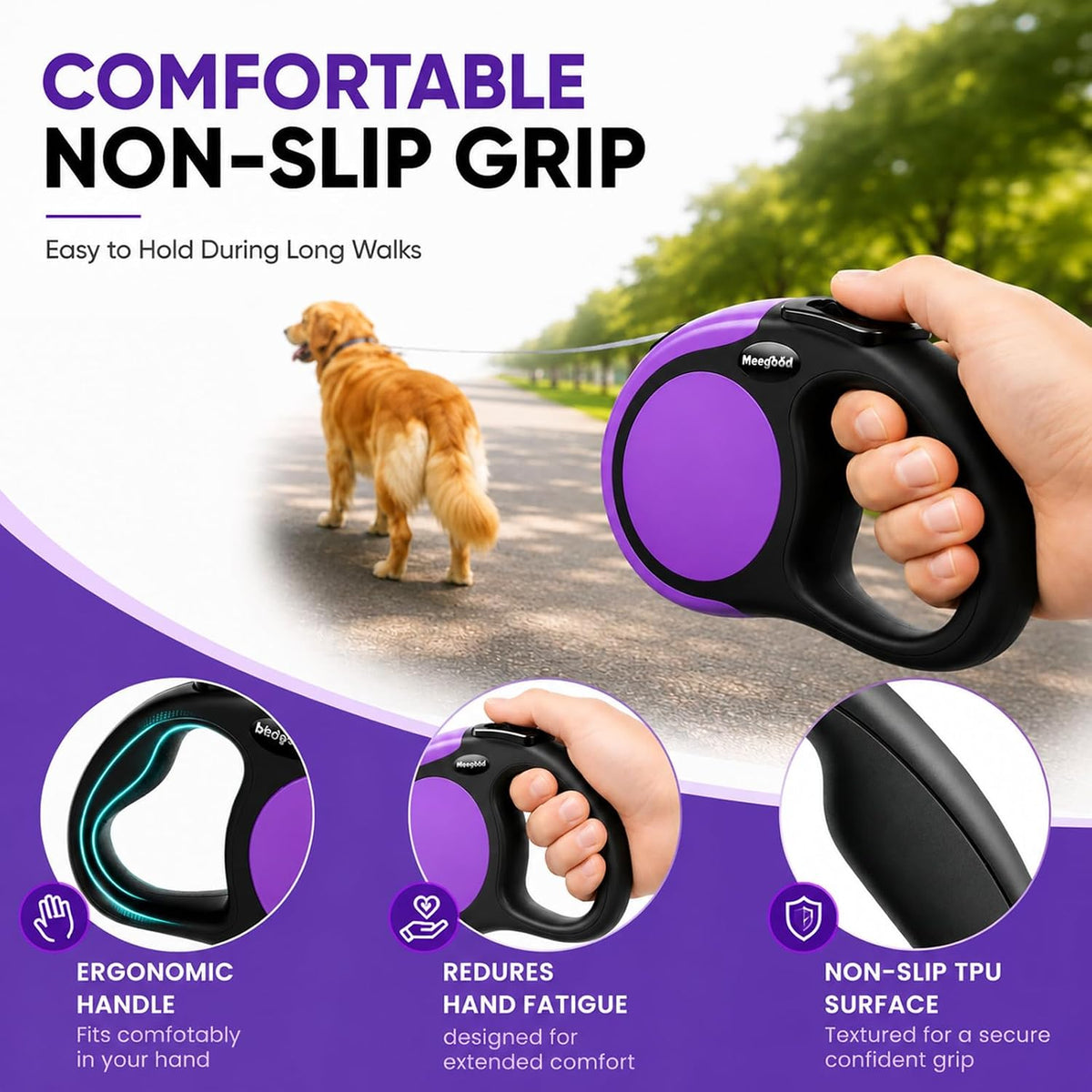 Heavy Duty Retractable Dog Leash-16ft Strong & Durable Walking Leash for S to L Dogs up to 45/115 lbs, Upgraded Lock System, Non Slip Grip, Tangle Free (Purple, Small/Medium)