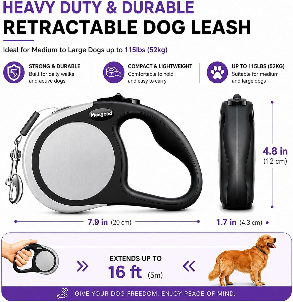 Heavy Duty Retractable Dog Leash-16ft Strong & Durable Walking Leash for S to L Dogs up to 45/115 lbs, Upgraded Lock System, Non Slip Grip, Tangle Free (Purple, Small/Medium)