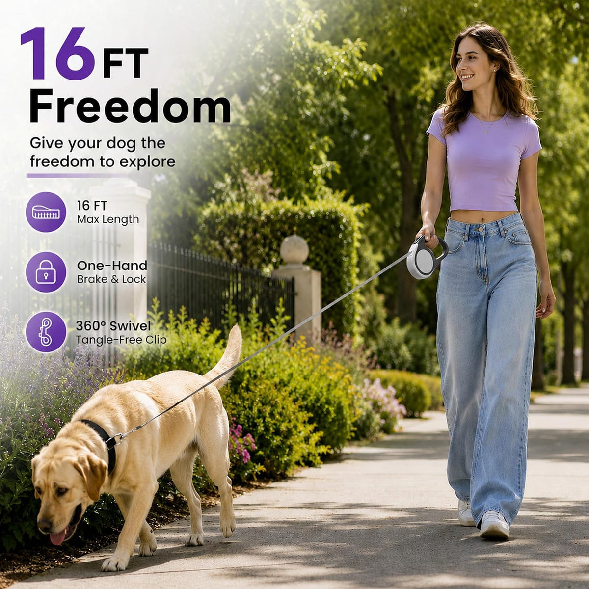 Heavy Duty Retractable Dog Leash-16ft Strong & Durable Walking Leash for S to L Dogs up to 45/115 lbs, Upgraded Lock System, Non Slip Grip, Tangle Free (Purple, Small/Medium)