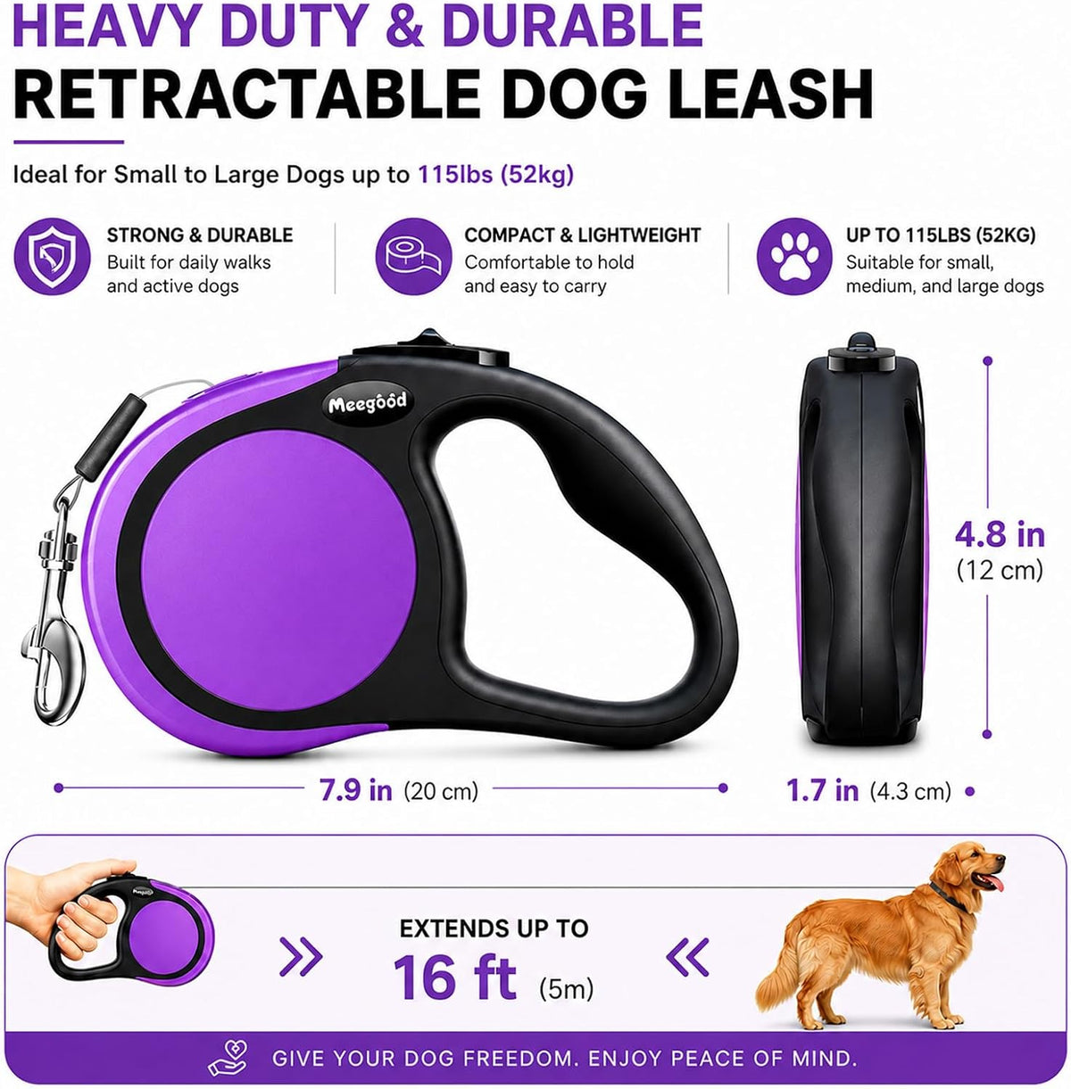 Heavy Duty Retractable Dog Leash-16ft Strong & Durable Walking Leash for S to L Dogs up to 45/115 lbs, Upgraded Lock System, Non Slip Grip, Tangle Free (Purple, Small/Medium)