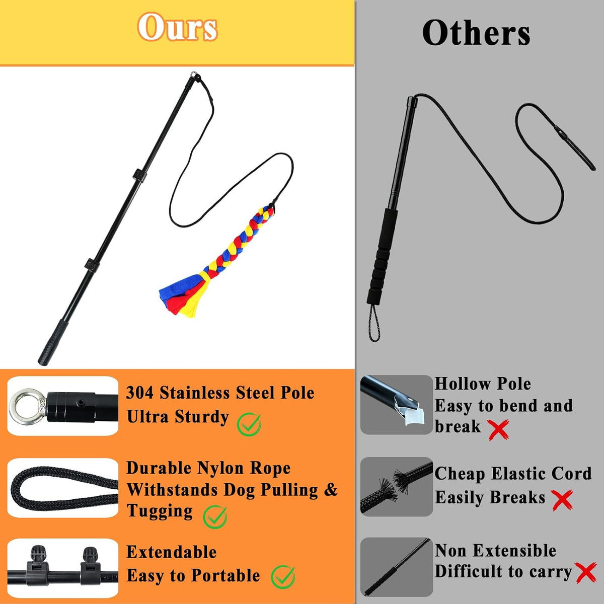Dog Extendable Teaser Wand Pet Flirt Stick Pole Puppy Chasing Tail Interactive Toy for Small Medium Large Dogs Training Playing Exercise